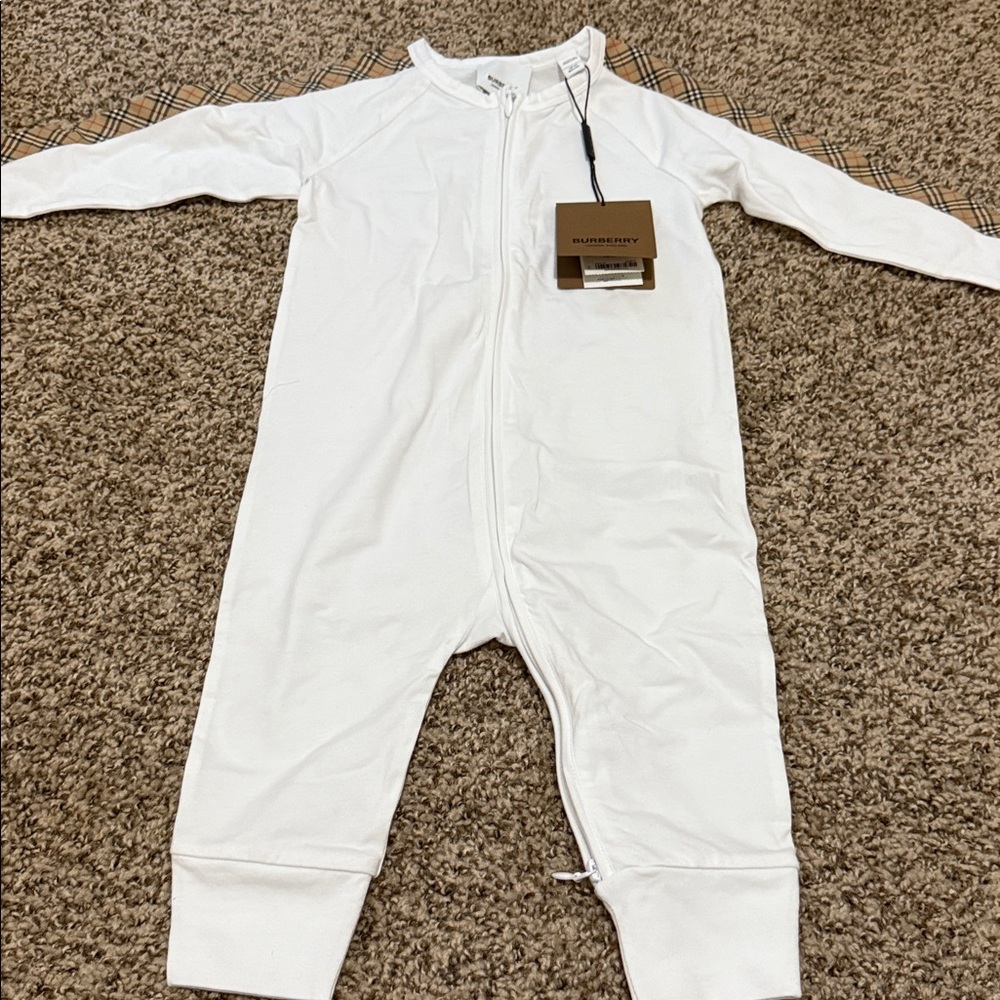 Burberry White Jumpsuit with Tan Plaid Detail